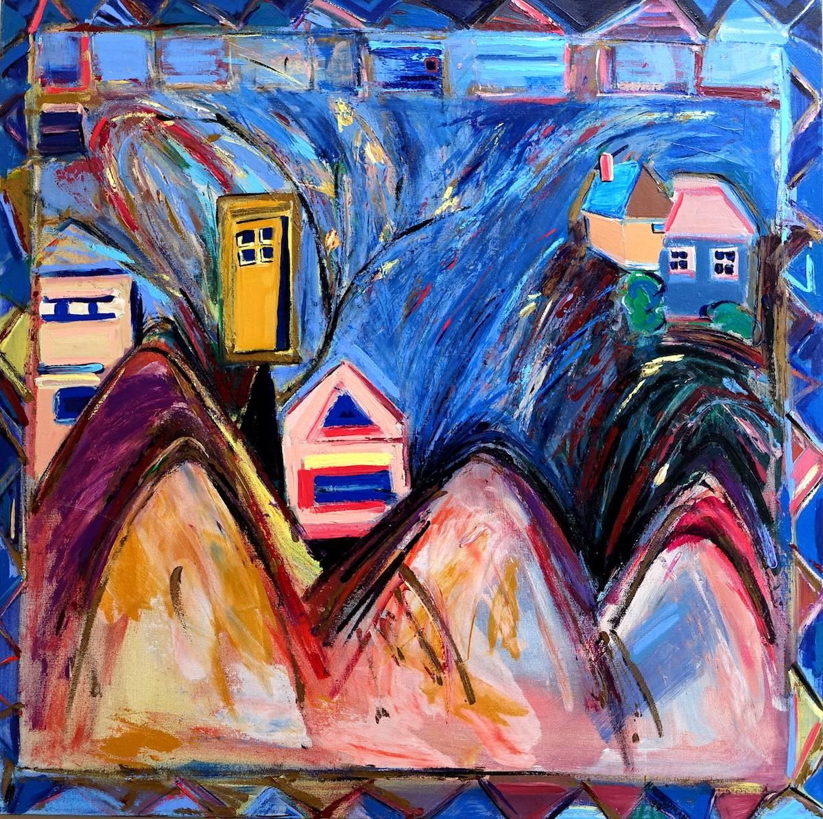 Nan Hass Feldman Landscape Painting – „Die Hügel sind lebendig“, Landschaft, Häuser, Berge, Acrylgemälde