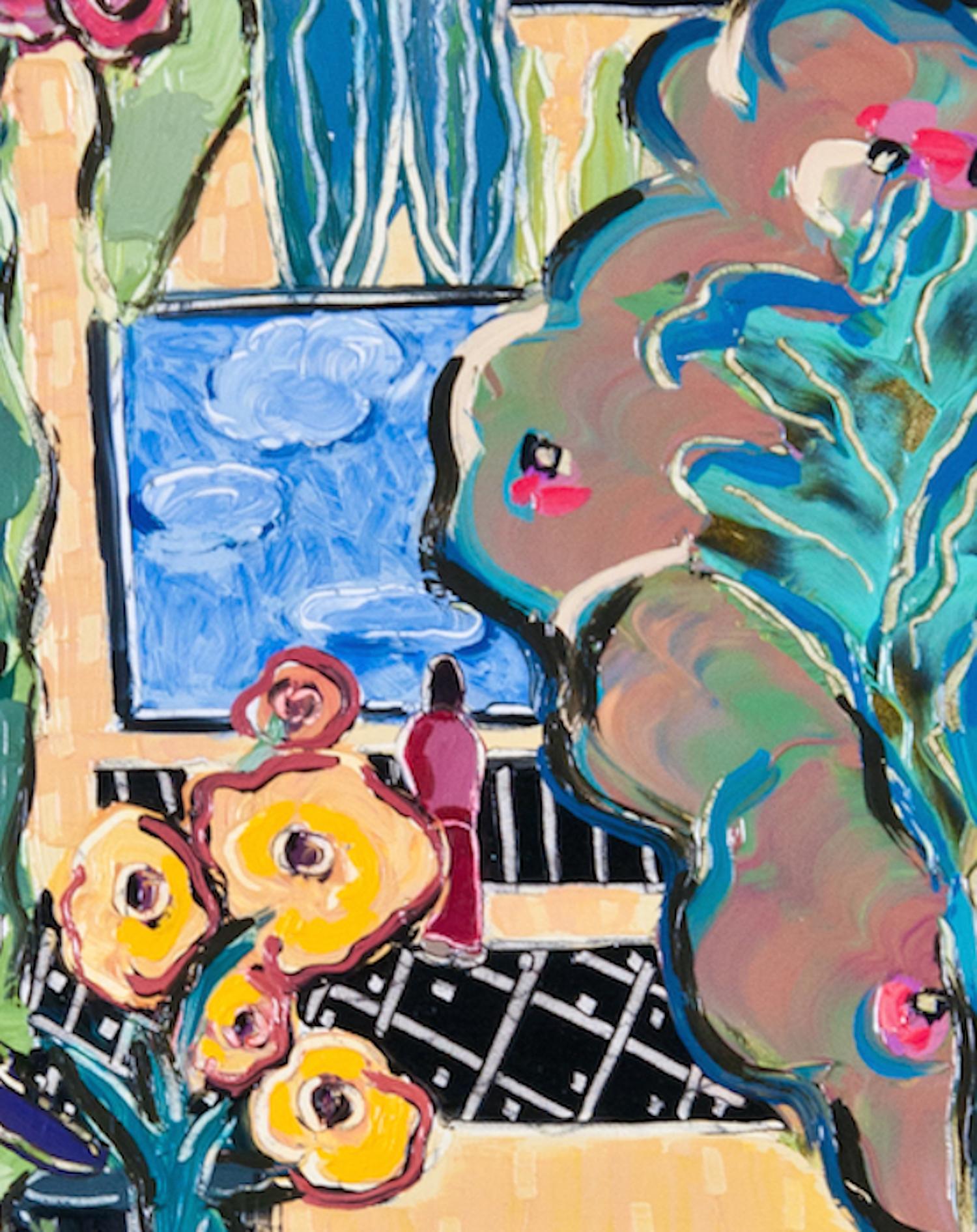„Die Dame in der Ferne“, abstrakt, Fisch, Blumen, Lilien Teich, Ölgemälde (Zeitgenössisch), Painting, von Nan Hass Feldman
