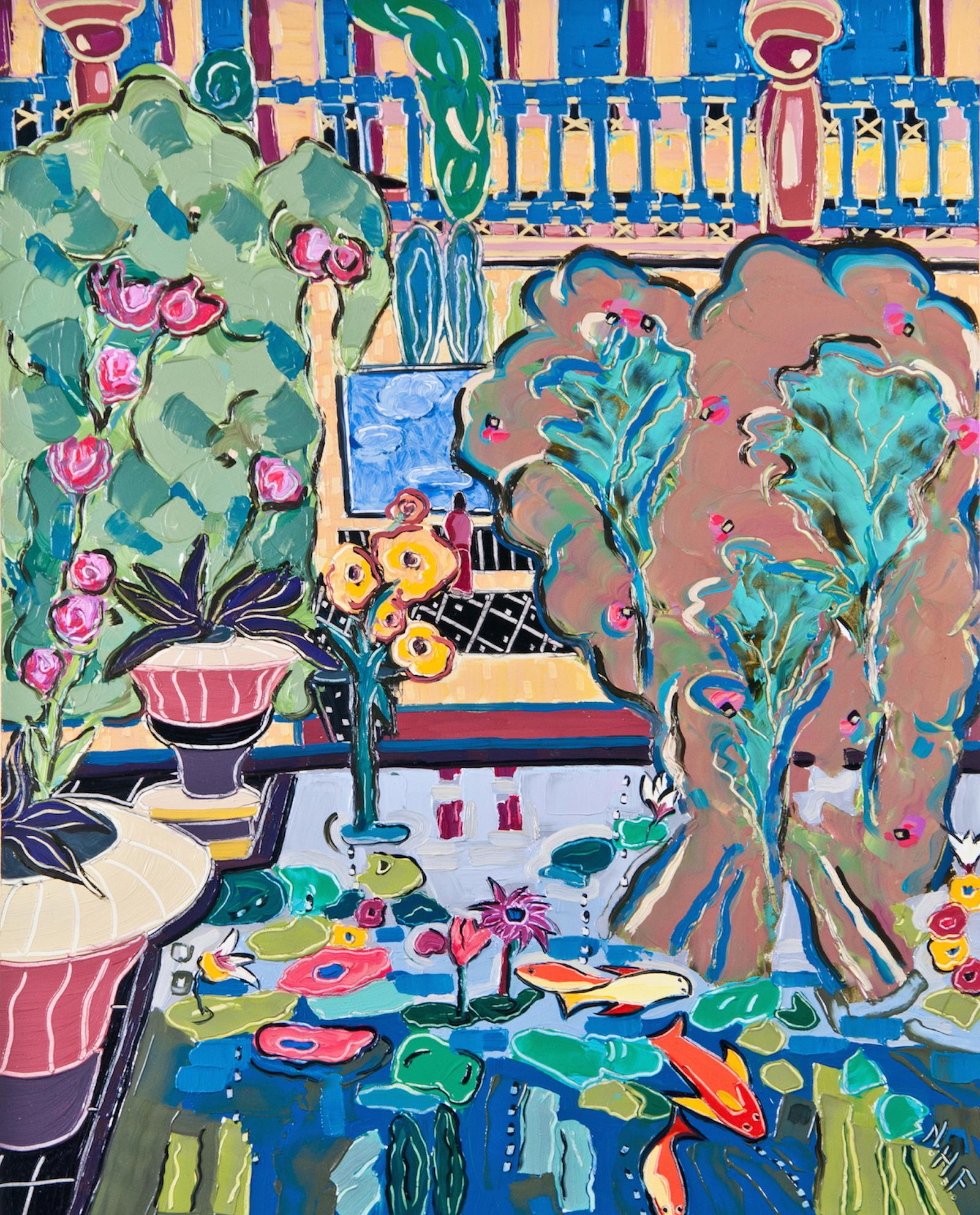 „Die Dame in der Ferne“, abstrakt, Fisch, Blumen, Lilien Teich, Ölgemälde – Painting von Nan Hass Feldman