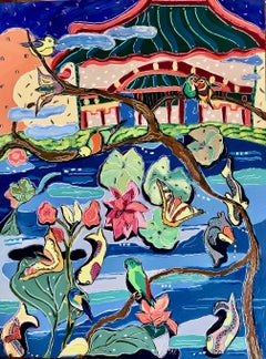 « The Menagerie at the Shrine », paysage, oiseaux, bleus, roses, peinture à l'huile