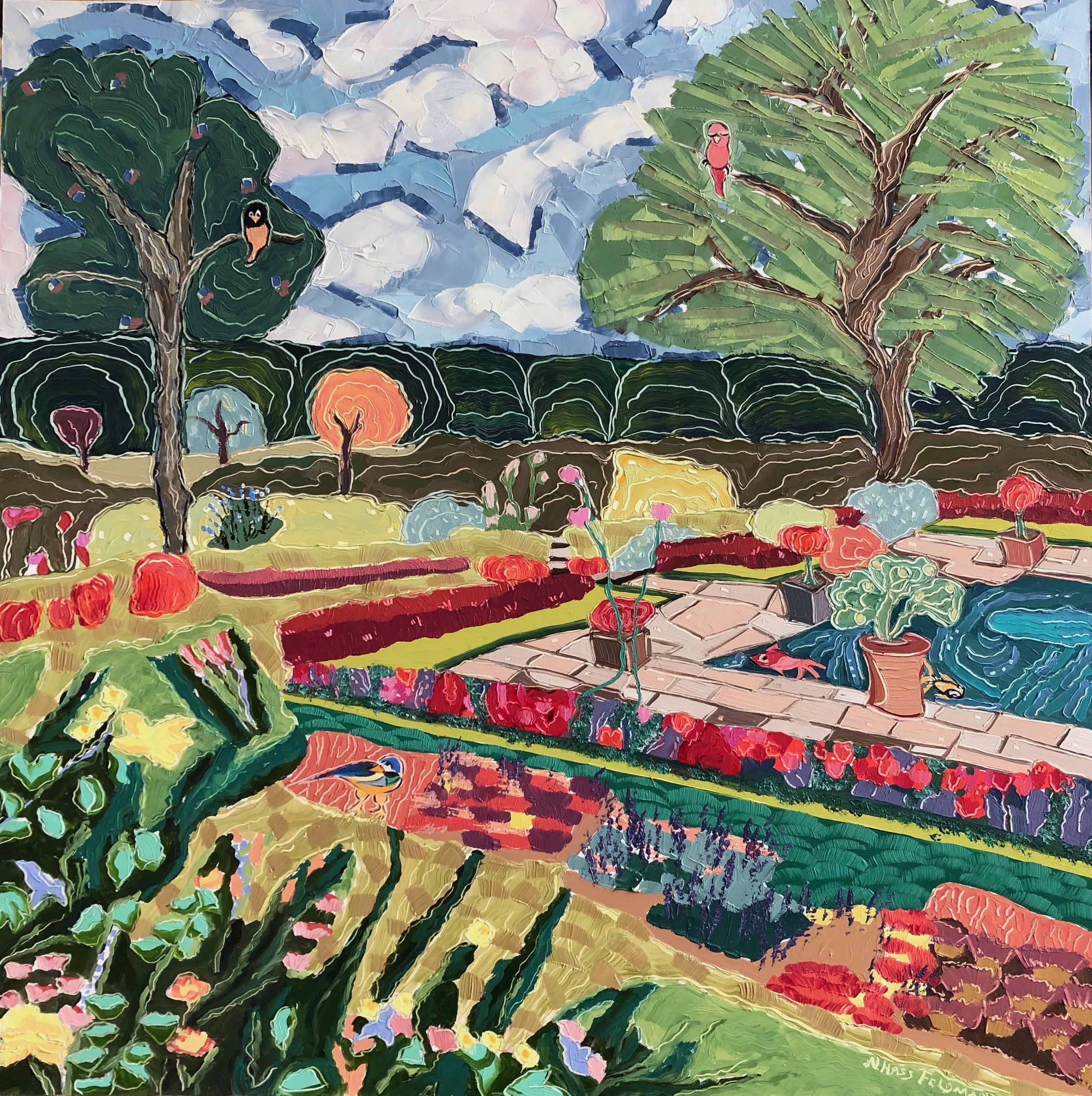 Nan Hass Feldman Landscape Painting - "The Pink Tree in Kensington Gardens", oil painting, London, blues, pinks, reds
