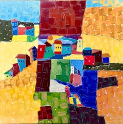 « The Village Amongst the Fields », expressionniste, paysage, peinture à l'huile, bleu