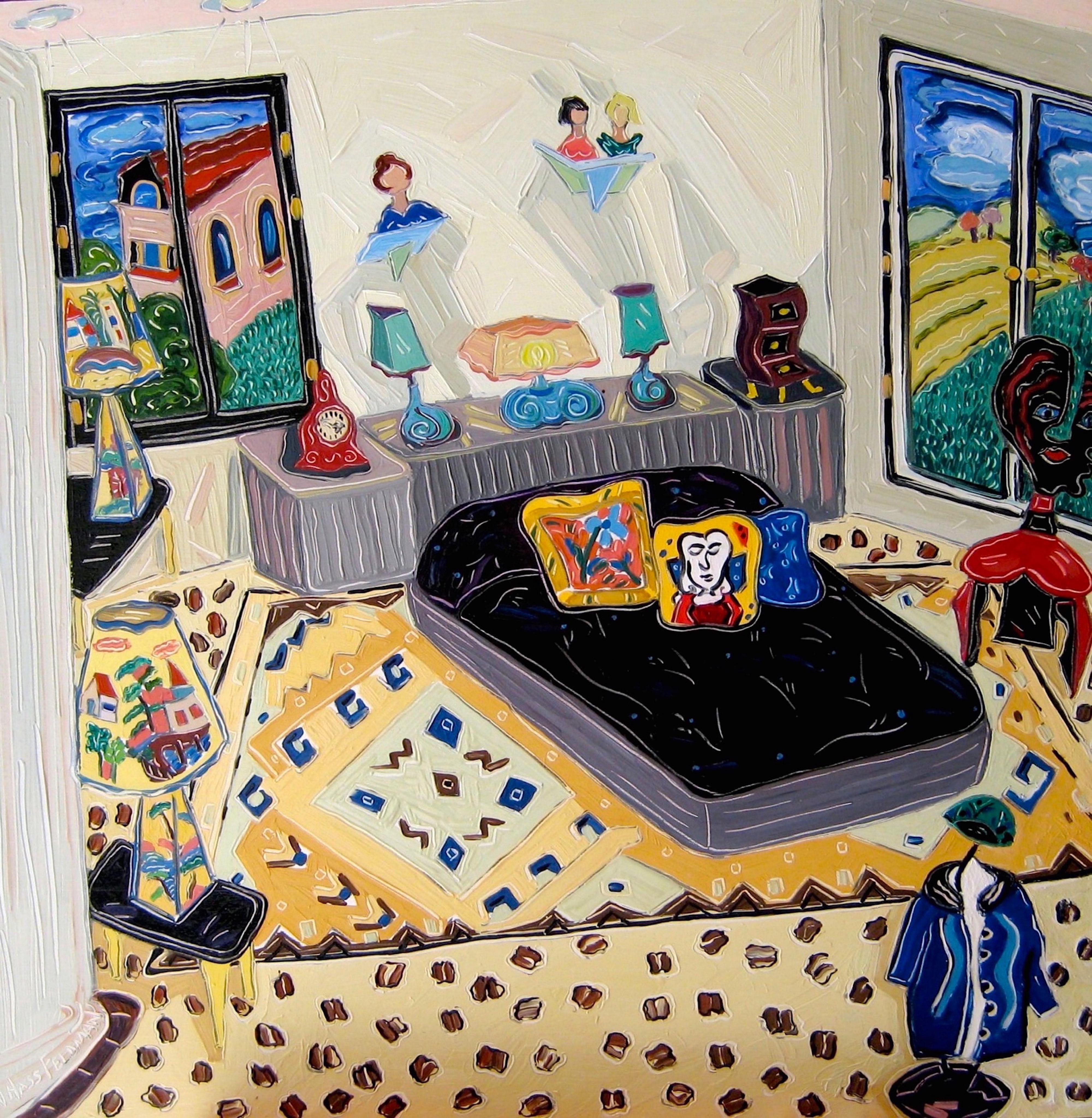 "The Village Lamps", interiors, leopard, yellows, greens, blues, oil painting - Painting by Nan Hass Feldman