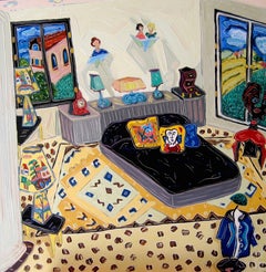 "The Village Lamps", intérieurs, léopard, jaunes, verts, bleus, peinture à l'huile