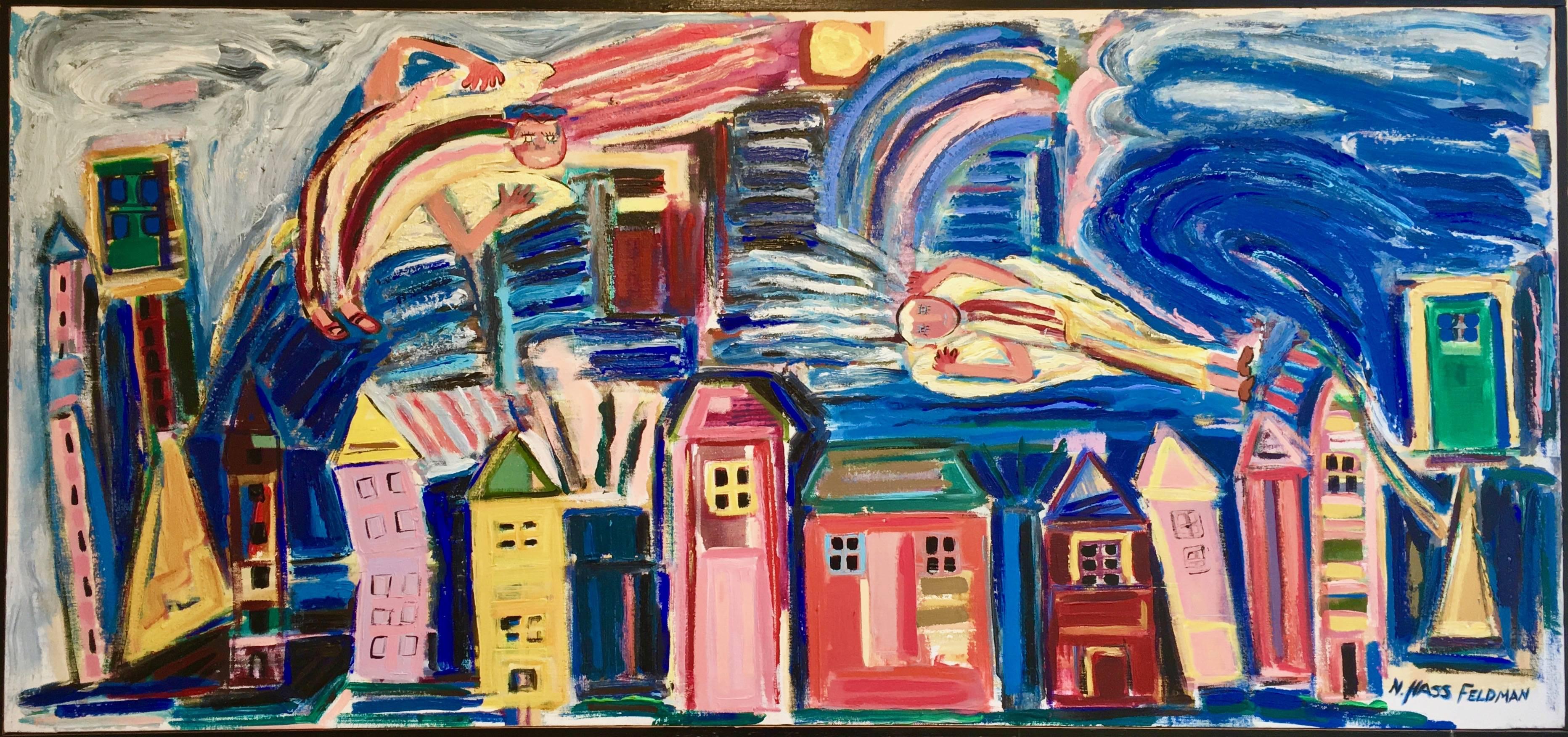 "The Village Muses", contemporary, cityscape, acrylic painting, whimsy, bold - Painting by Nan Hass Feldman