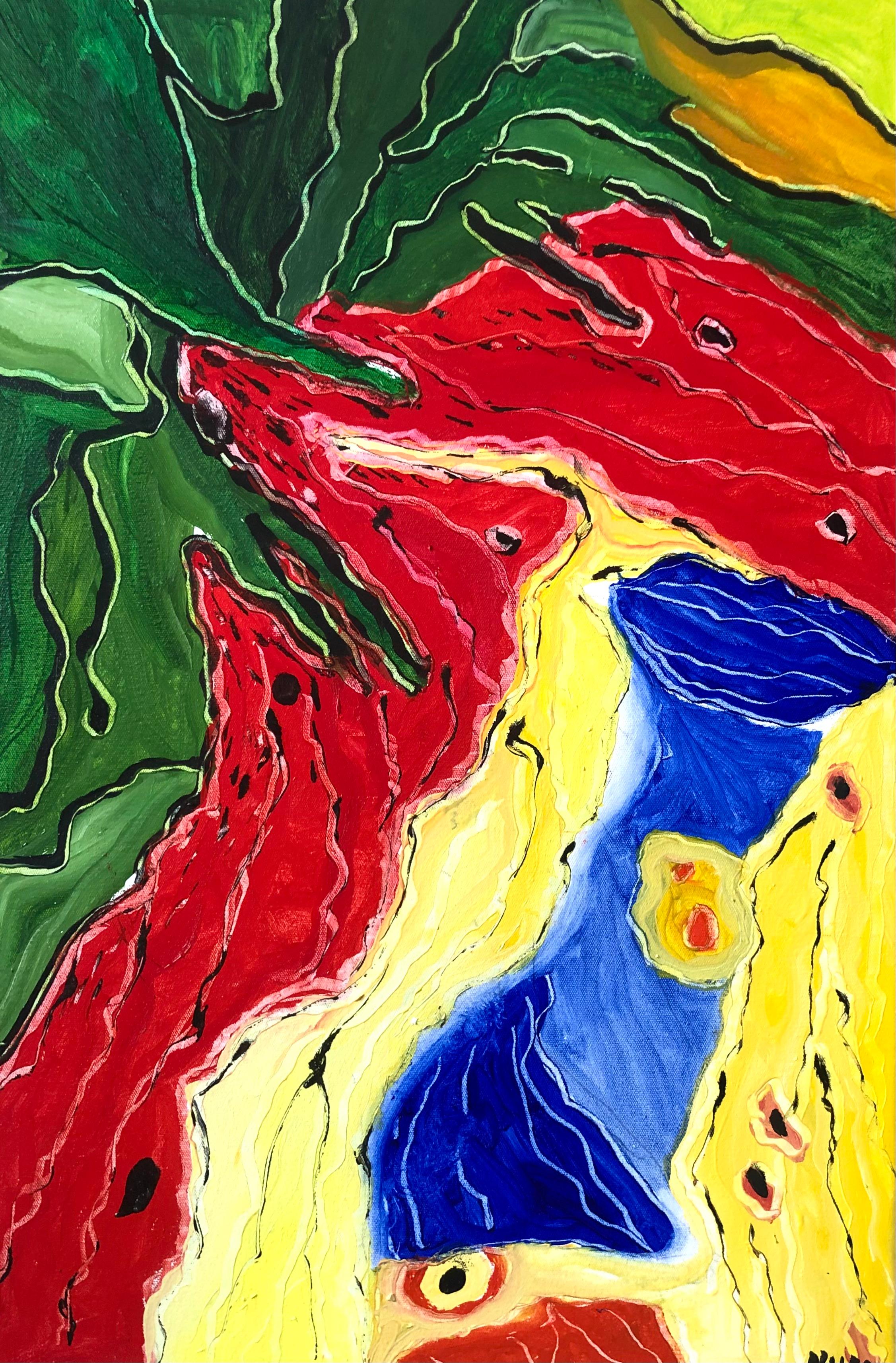 "In jeder Blume ist Wasser", abstrakt, rot, blau, gelb, Ölgemälde – Painting von Nan Hass Feldman
