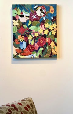 "Three is for Society", birds, flowers, jungle, greens, reds, blue, oil painting