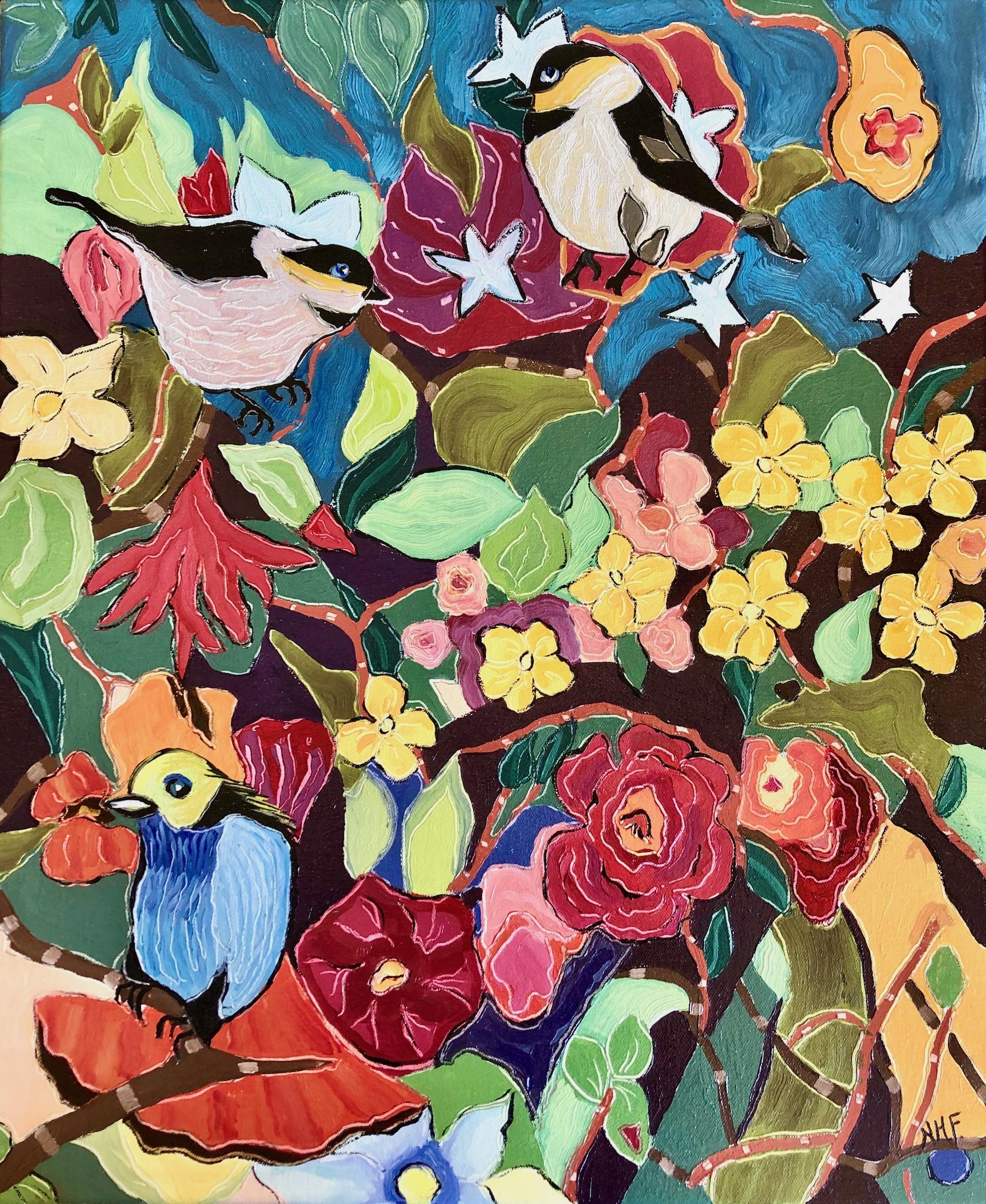 Nan Hass Feldman Still-Life Painting - "Three is for Society", birds, flowers, jungle, greens, reds, blue, oil painting