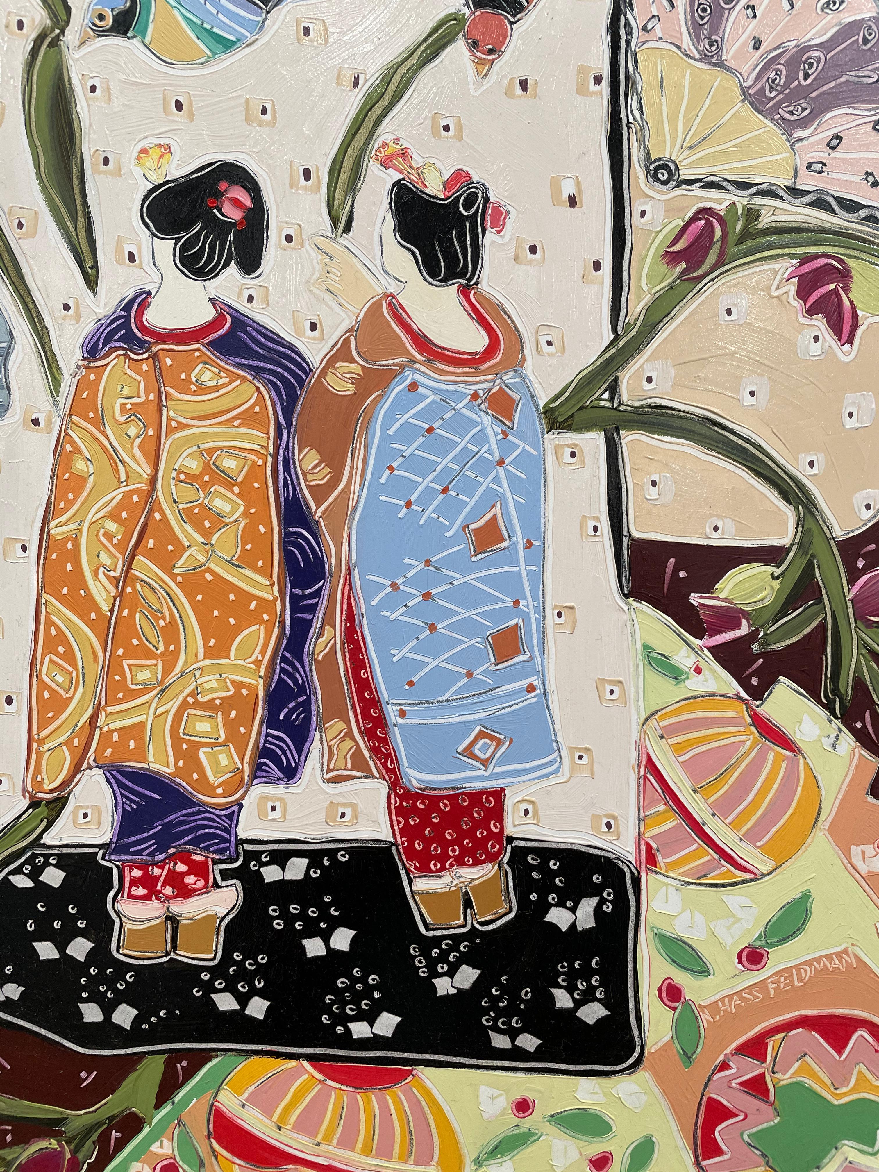 Two Japanese Geishas in Traditional Attire. Title - Entering the Floating World - Beige Landscape Painting by Nan Hass Feldman