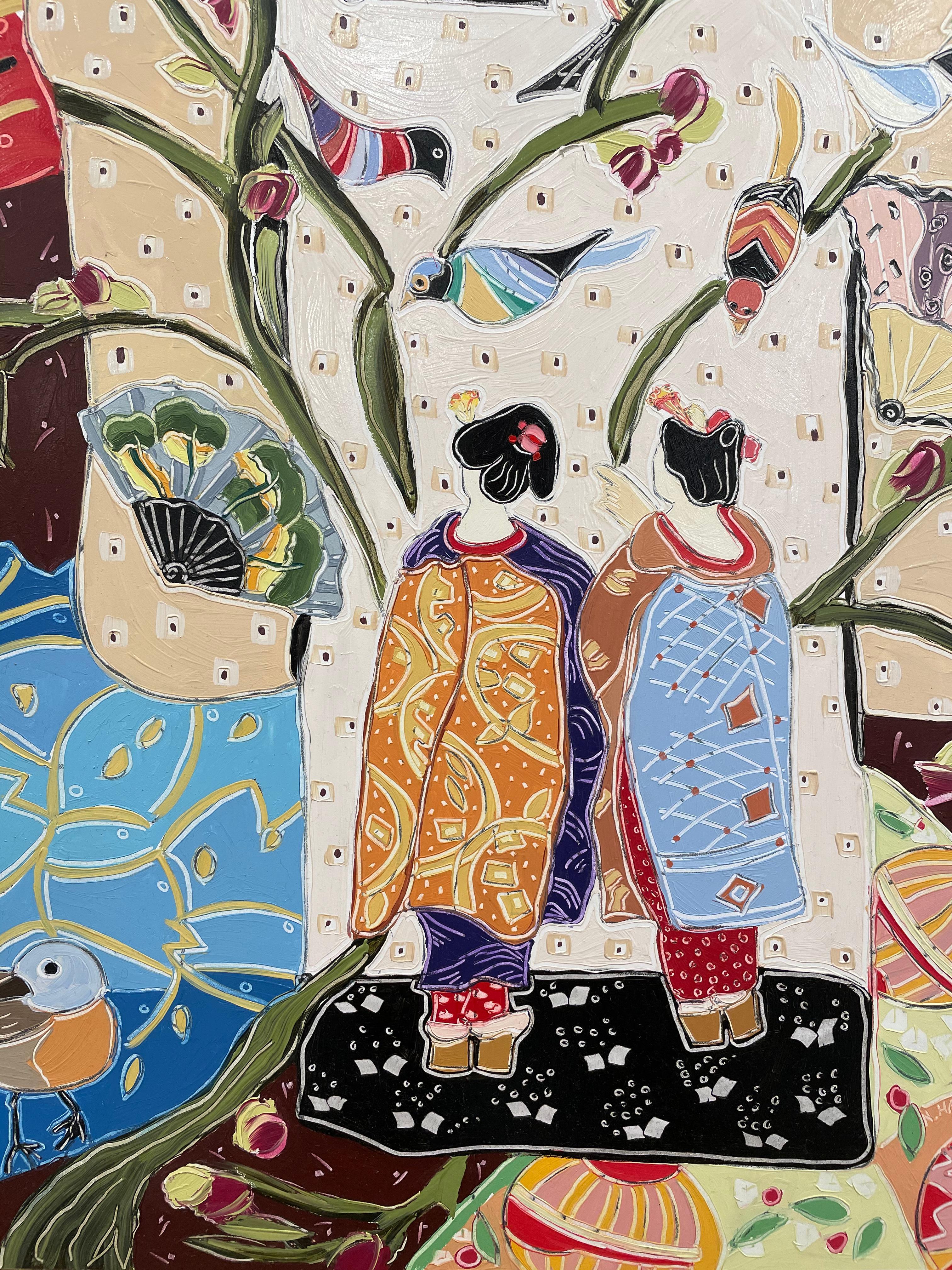 Two Japanese Geishas in Traditional Attire. Title - Entering the Floating World For Sale 1