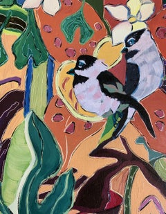 "Two's Company", birds, flowers, jungle, greens, reds, blues, gold, oil painting