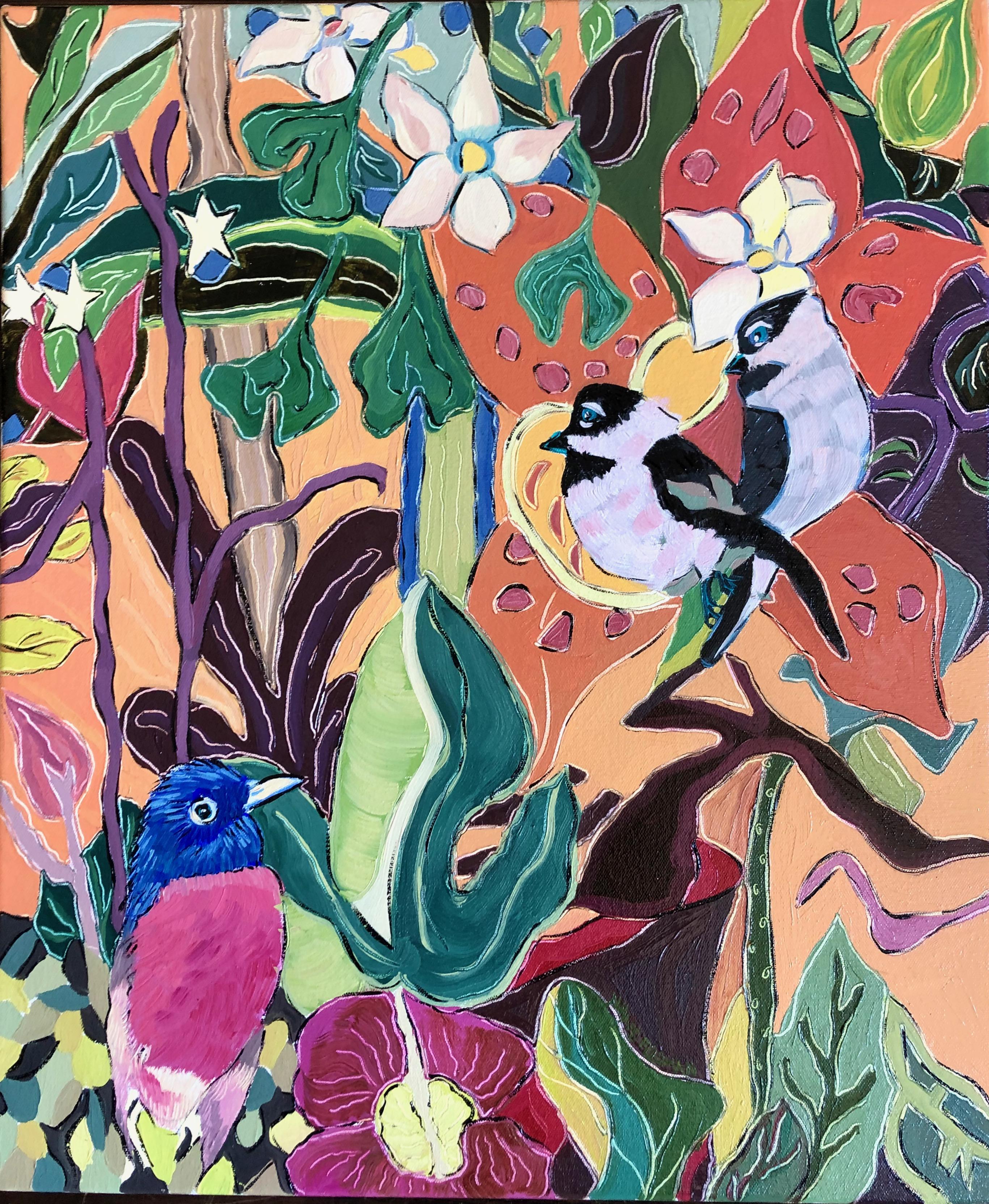 "Two's Company", birds, flowers, jungle, greens, reds, blues, gold, oil painting - Painting by Nan Hass Feldman