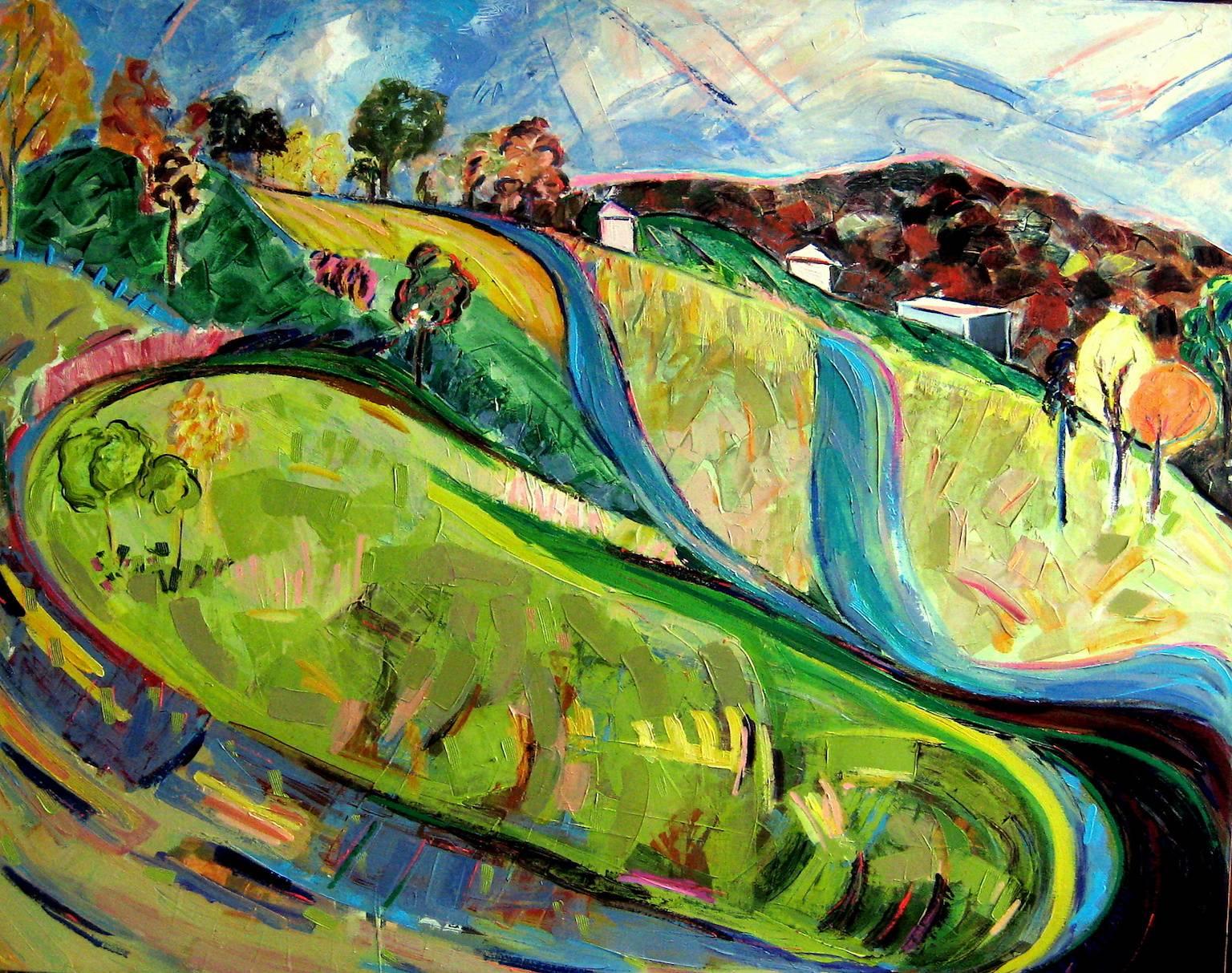 « View from the Schoolyard » (Vue de l'école), paysage, fauve expressionniste, peinture acrylique