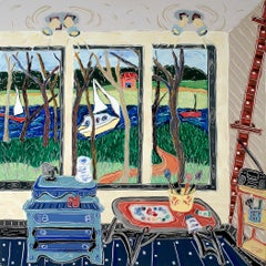 "View to the Marsh Through Studio II", expressionist, green, blue, oil painting