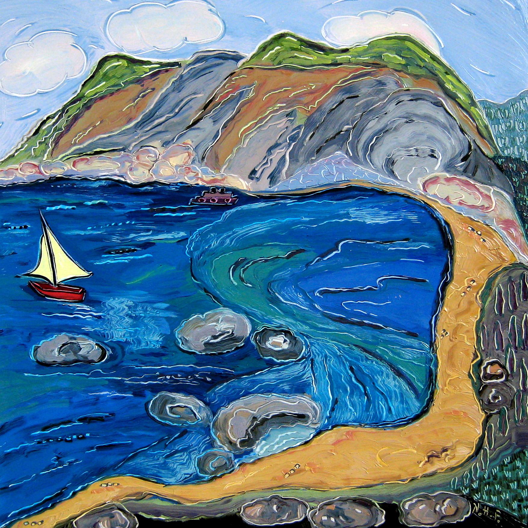 "Visiting the Cove in Skopelos", oil painting, landscape, sailboat, blue, green - Painting by Nan Hass Feldman