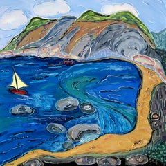 "Visiting the Cove in Skopelos", oil painting, landscape, sailboat, blue, green