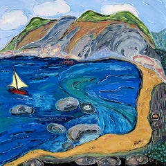 "Visiting the Cove in Skopelos", oil painting, landscape, sailboat, blue, green