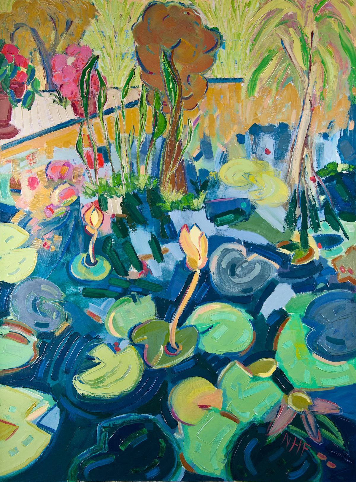 Nan Hass Feldman Landscape Painting - "Waterlilies in the Botanical Gardens", oil painting, expressionist, blues, pink