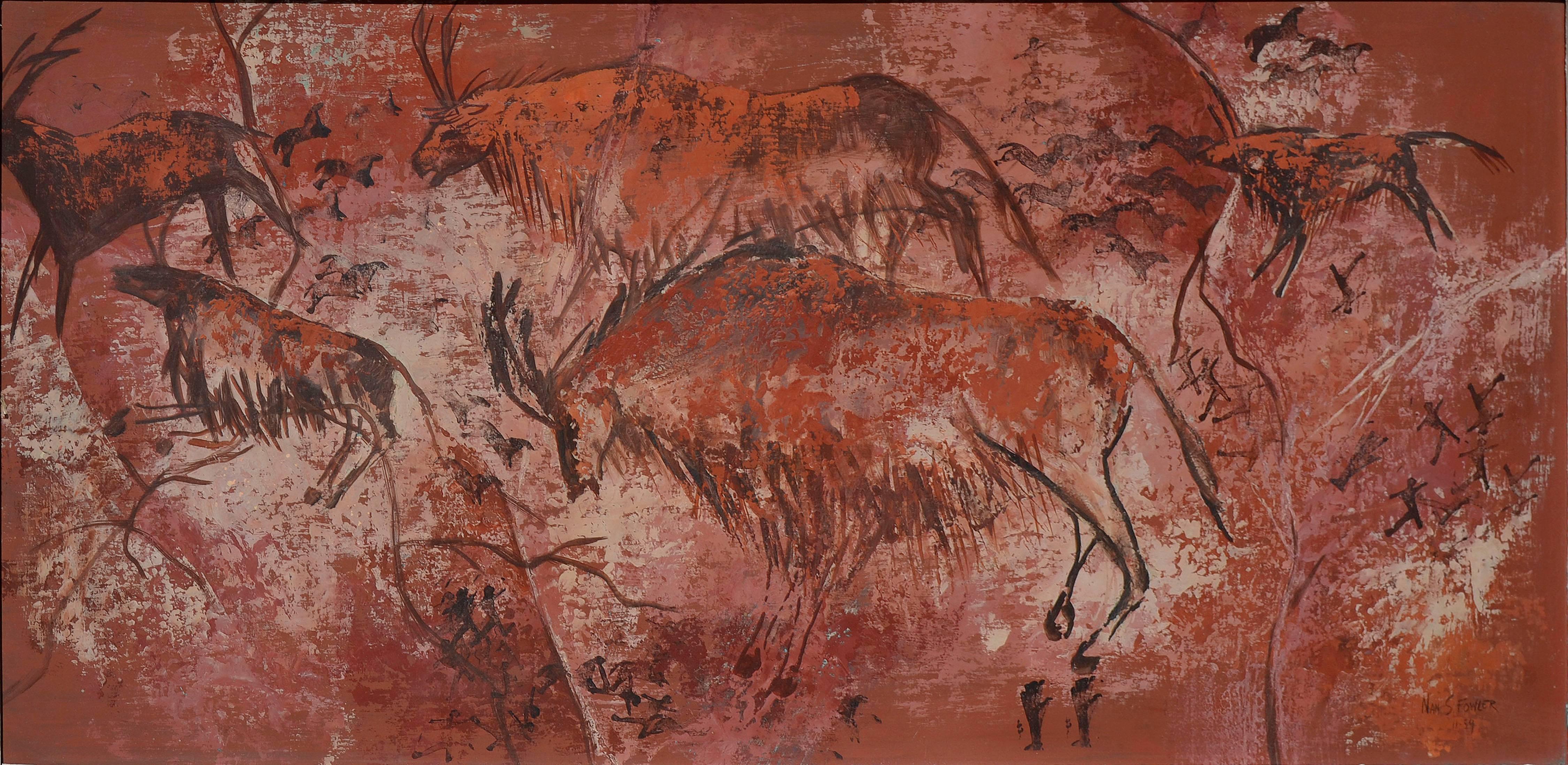 Scène de chasse Paleolithique du milieu du siècle dernier - Painting de Nan Street Fowler