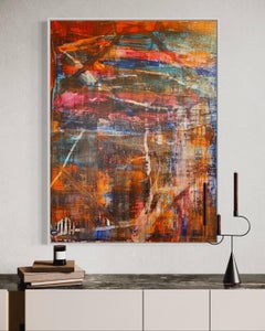 "Calming Aura" - Contemporary Abstract Oil Painting in Orange and Blue Palette