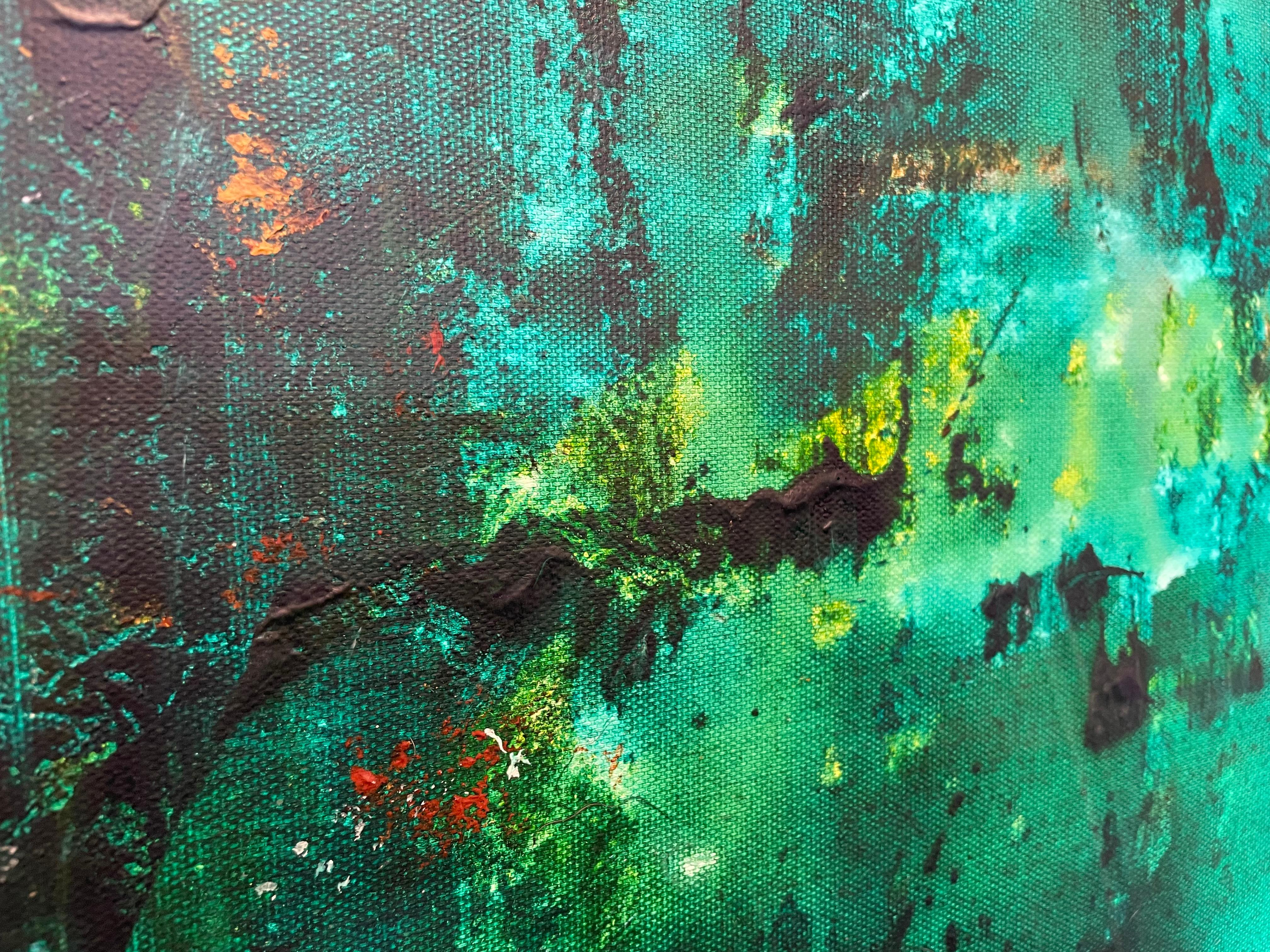 « Emerald Whispers », expressionniste abstraite technique mixte du 21e siècle par Nan  - Painting de Nan Van Ryzin