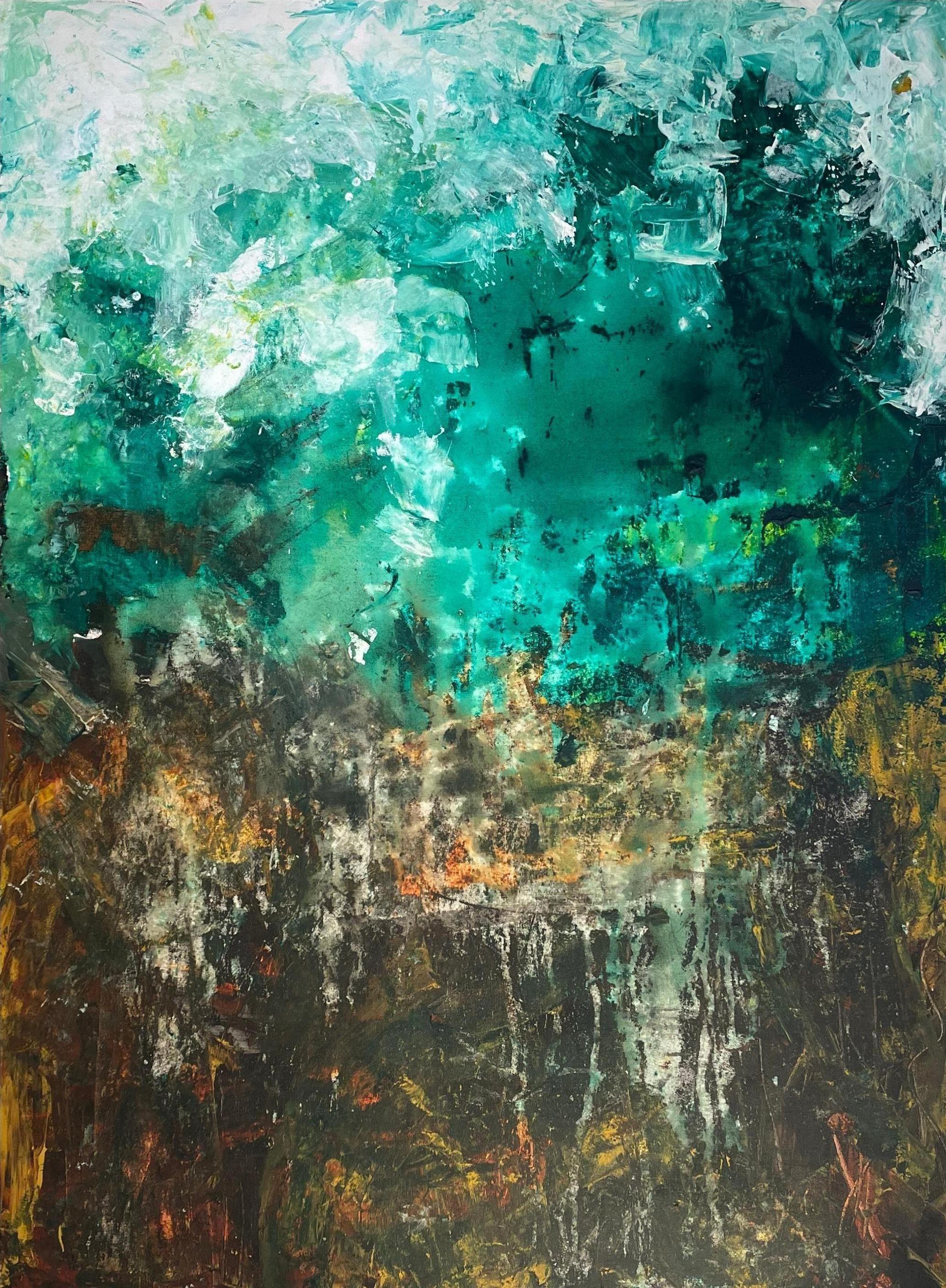 Abstract Painting Nan Van Ryzin - « Emerald Whispers », expressionniste abstraite technique mixte du 21e siècle par Nan 