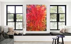 "Inferno" - Fiery Red and Yellow Layered Textural Splatter Abstract Artwork