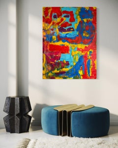 "Untitled" - Vibrant Red, Blue, and Yellow Modern Abstract Acrylic Painting