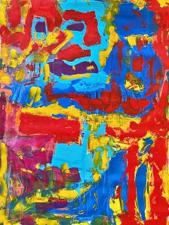 "Untitled" by Nan Van Ryzin - Red, Blue, and Yellow Bright Abstract Oil Painting