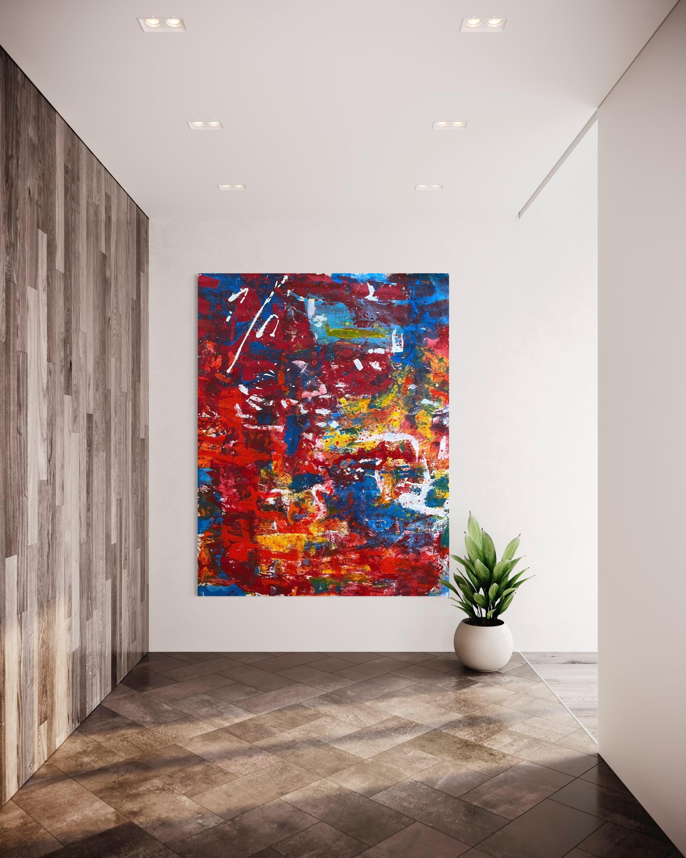 'Love' Large Contemporary Colorful Red Blue & Yellow Abstract By Nan Van Ryzin For Sale 5