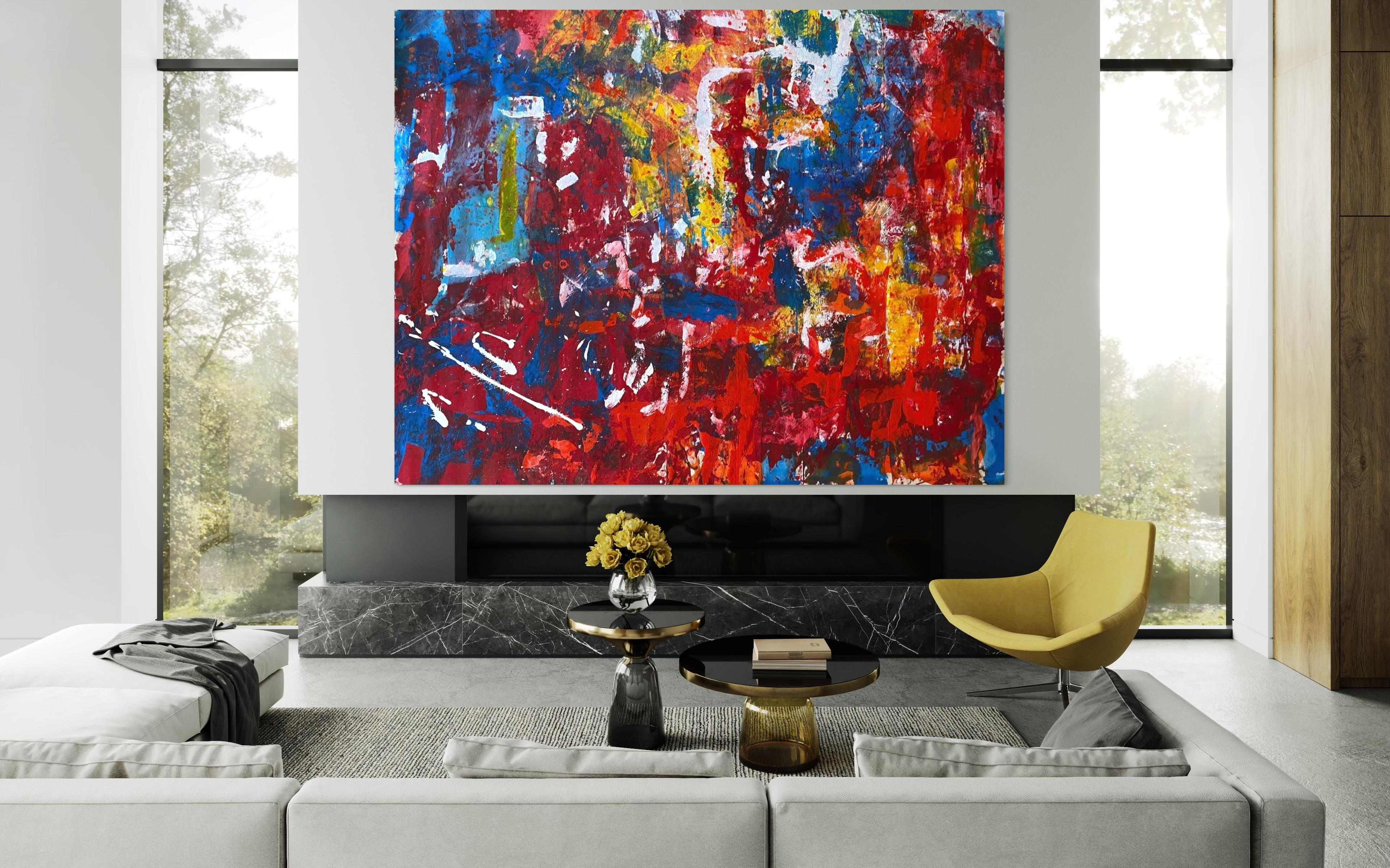 'Love' Large Contemporary Colorful Red Blue & Yellow Abstract By Nan Van Ryzin For Sale 7