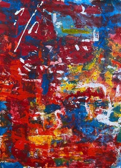 'Love', grande astratto contemporaneo colorato in rosso, blu e giallo di Nan Van Ryzin