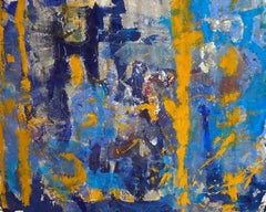 "Oceans Sunrise", grande opera d'arte astratta contemporanea in tecnica mista blu e gialla 