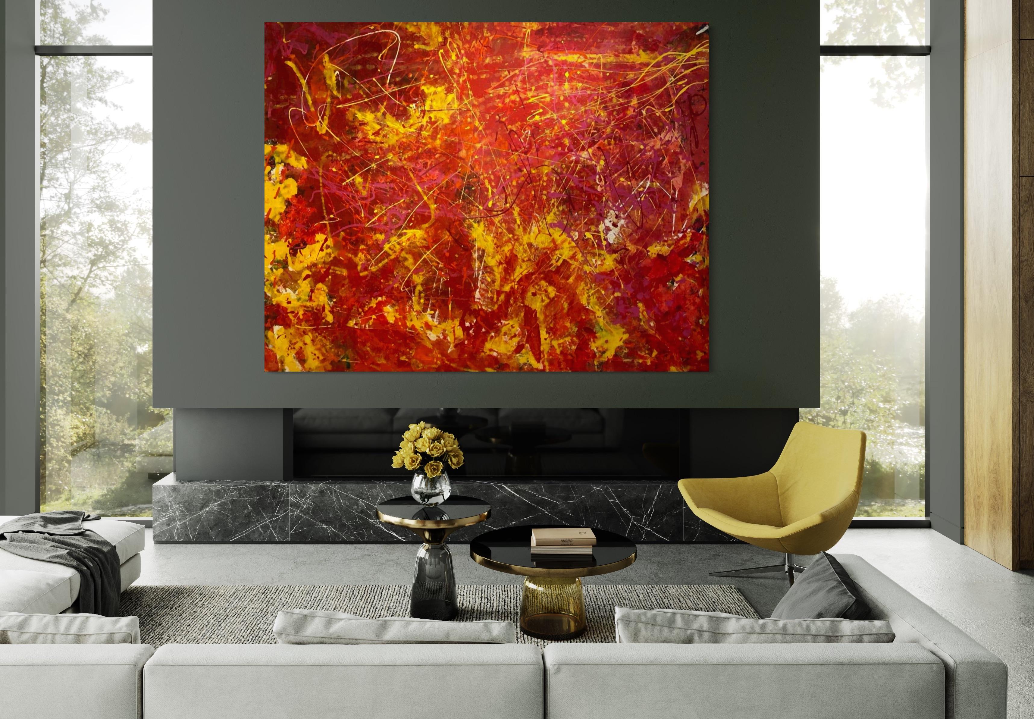 'Passion' Large Contemporary Yellow And Red Abstract Mixed Media by Nan - Painting by Nan Van Ryzin
