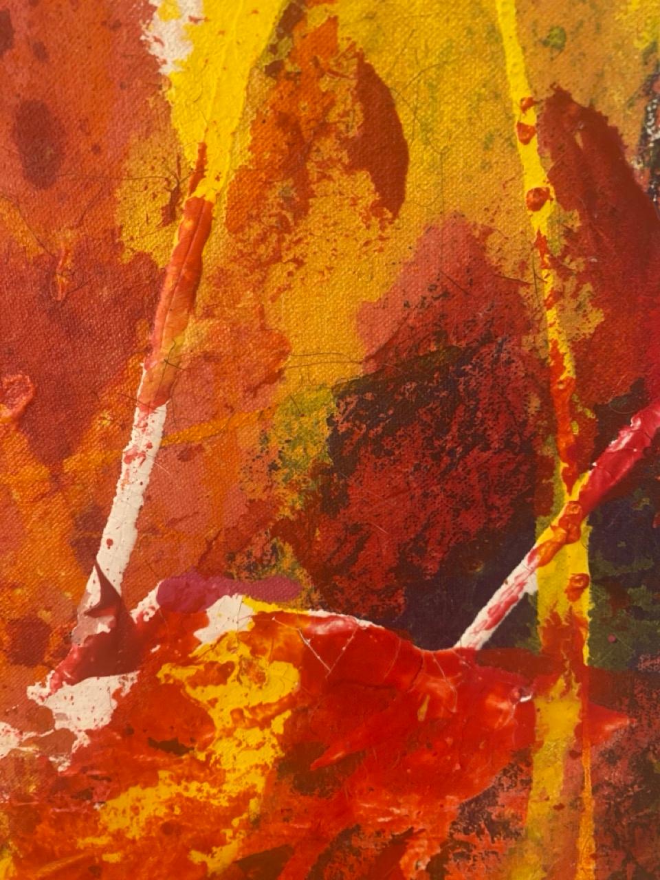 'Passion' Large Contemporary Yellow And Red Abstract Mixed Media by Nan For Sale 4