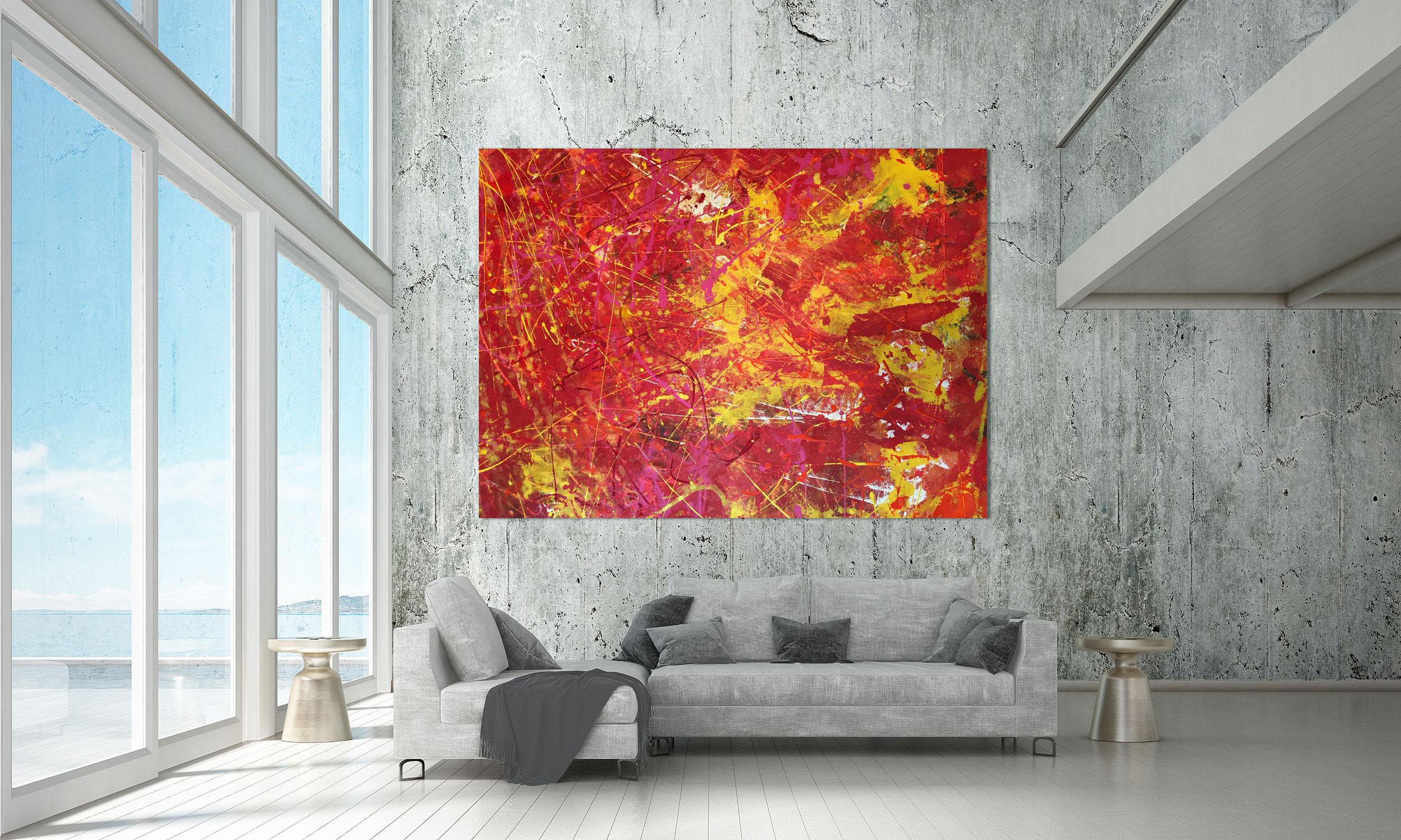 'Passion' Large Contemporary Yellow And Red Abstract Mixed Media by Nan For Sale 6