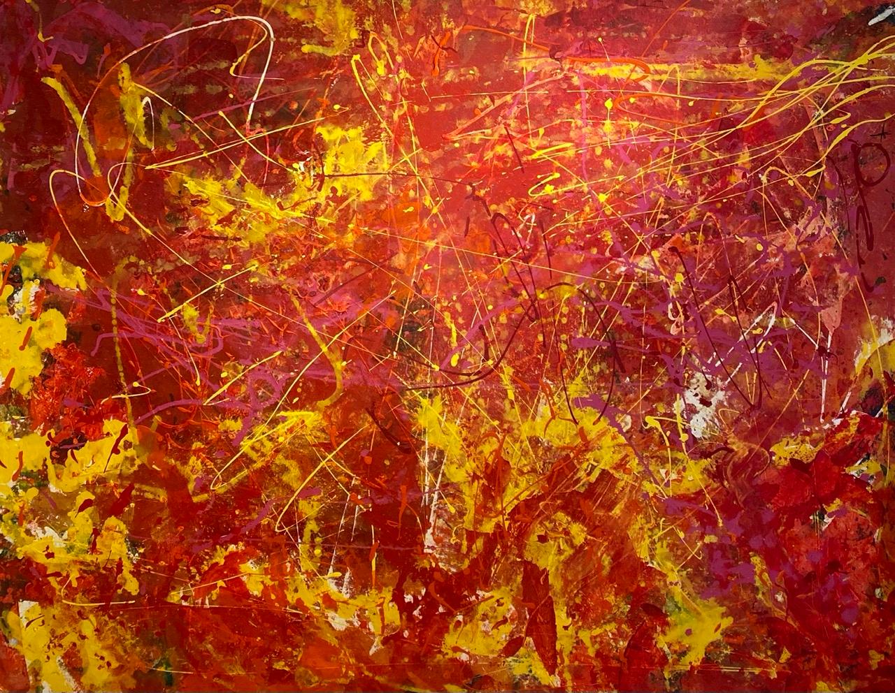 Nan Van Ryzin Abstract Painting - 'Passion' Large Contemporary Yellow And Red Abstract Mixed Media by Nan