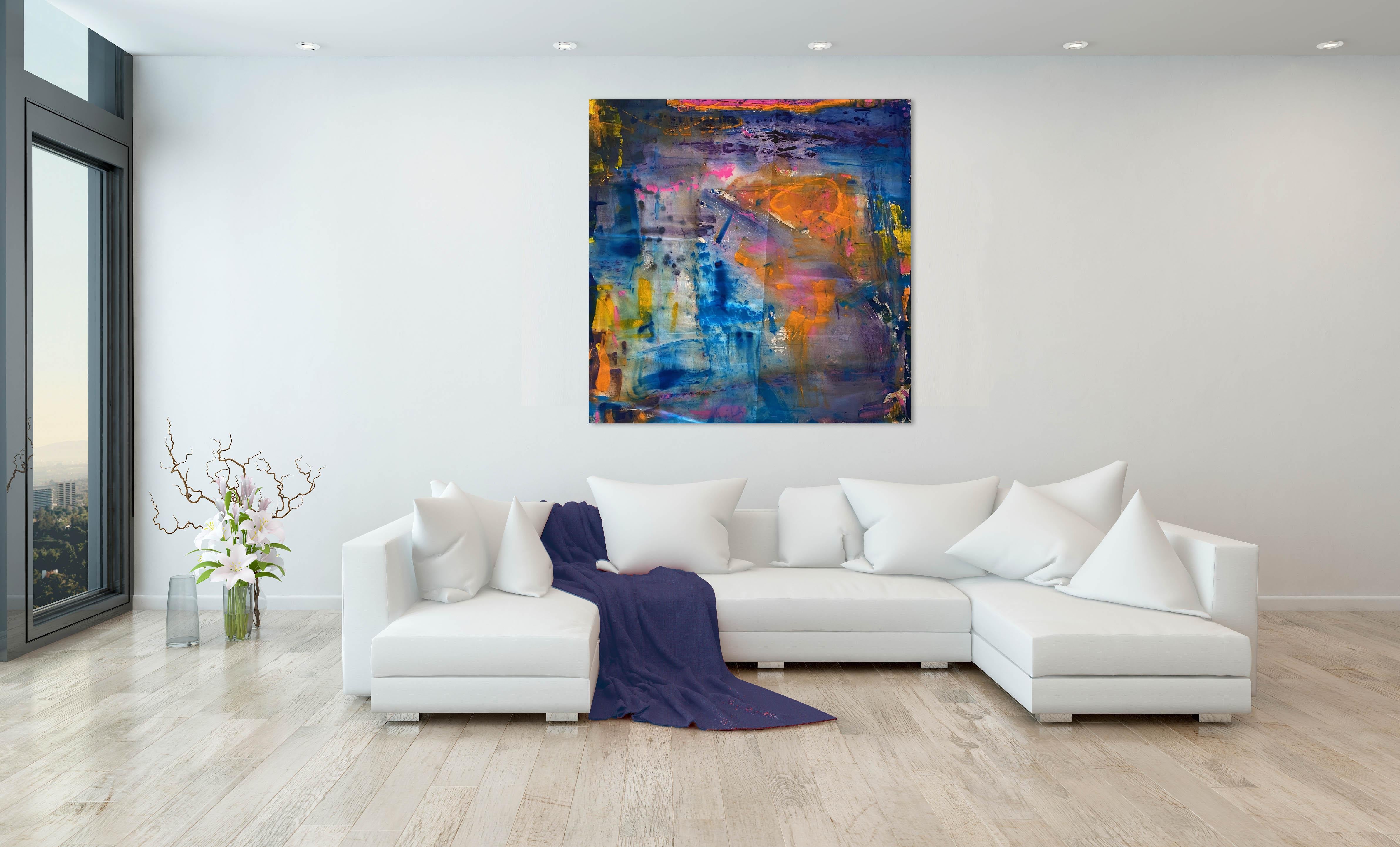 'Spring' Large Contemporary Mixed Media Abstract Blue & Orange 58”x59” By Nan - Painting by Nan Van Ryzin