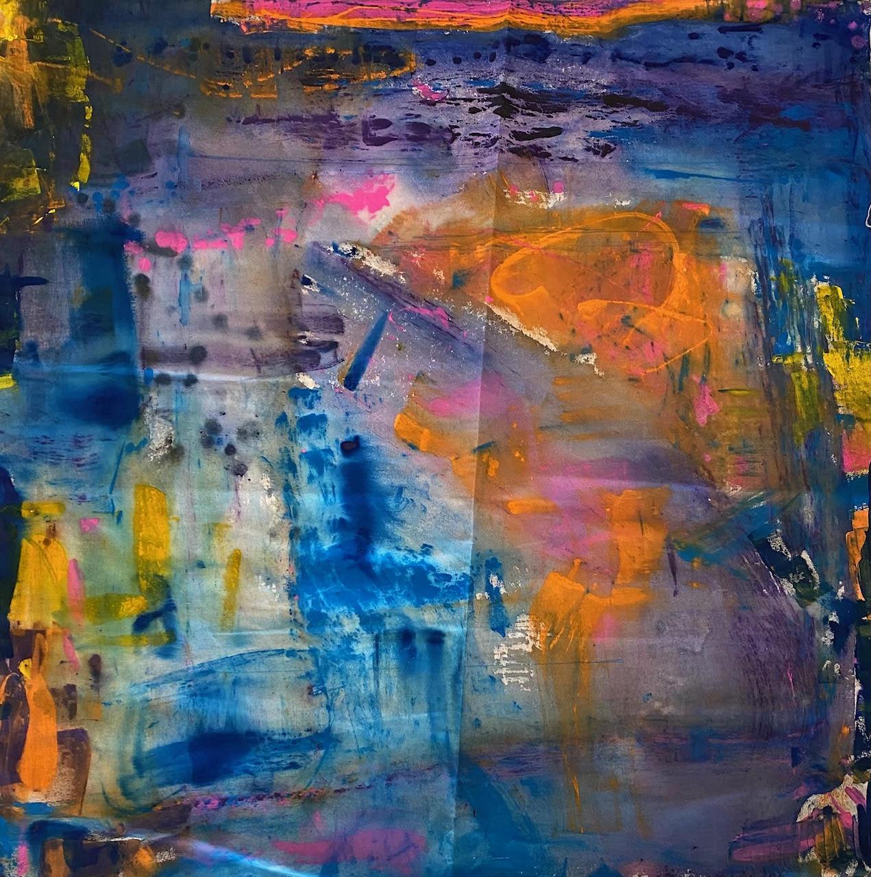 Nan Van Ryzin Abstract Painting - 'Spring' Large Contemporary Mixed Media Abstract Blue & Orange 58”x59” By Nan