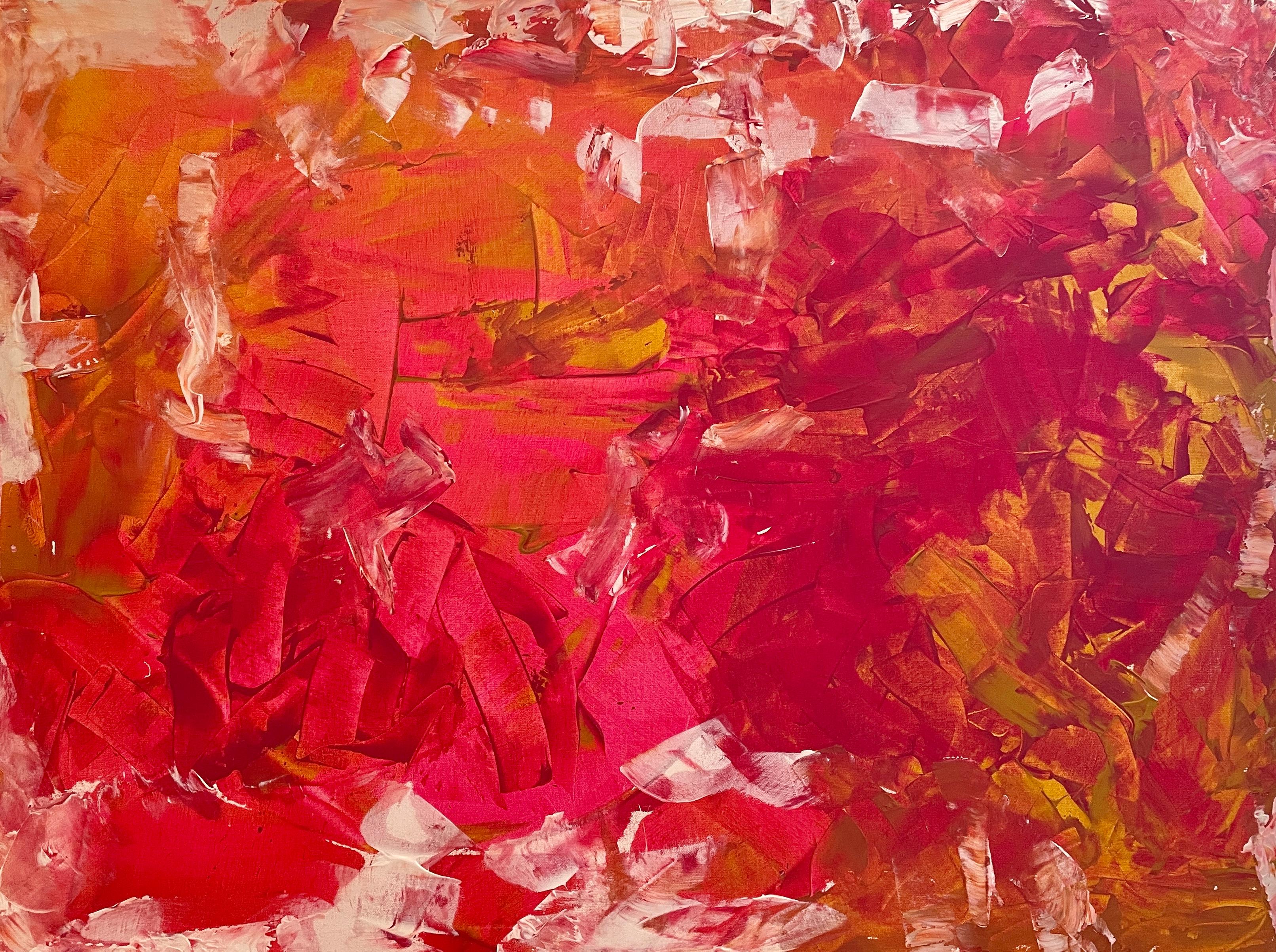 El cuadro abstracto de Nan Van Ryzin, "El sendero", es una apasionada exploración de los rojos, que van desde los granates profundos a los vibrantes y ardientes escarlatas, intercalados con toques de blanco y sutiles matices de naranja y amarillo.