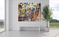 "The Web" by Nan Van Ryzin - Yellow, Silver, Blue, and White Abstract Painting