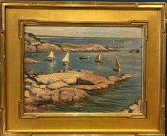 Paesaggio a olio impressionista americano che naviga vicino a Todd's Point Greenwich, CT