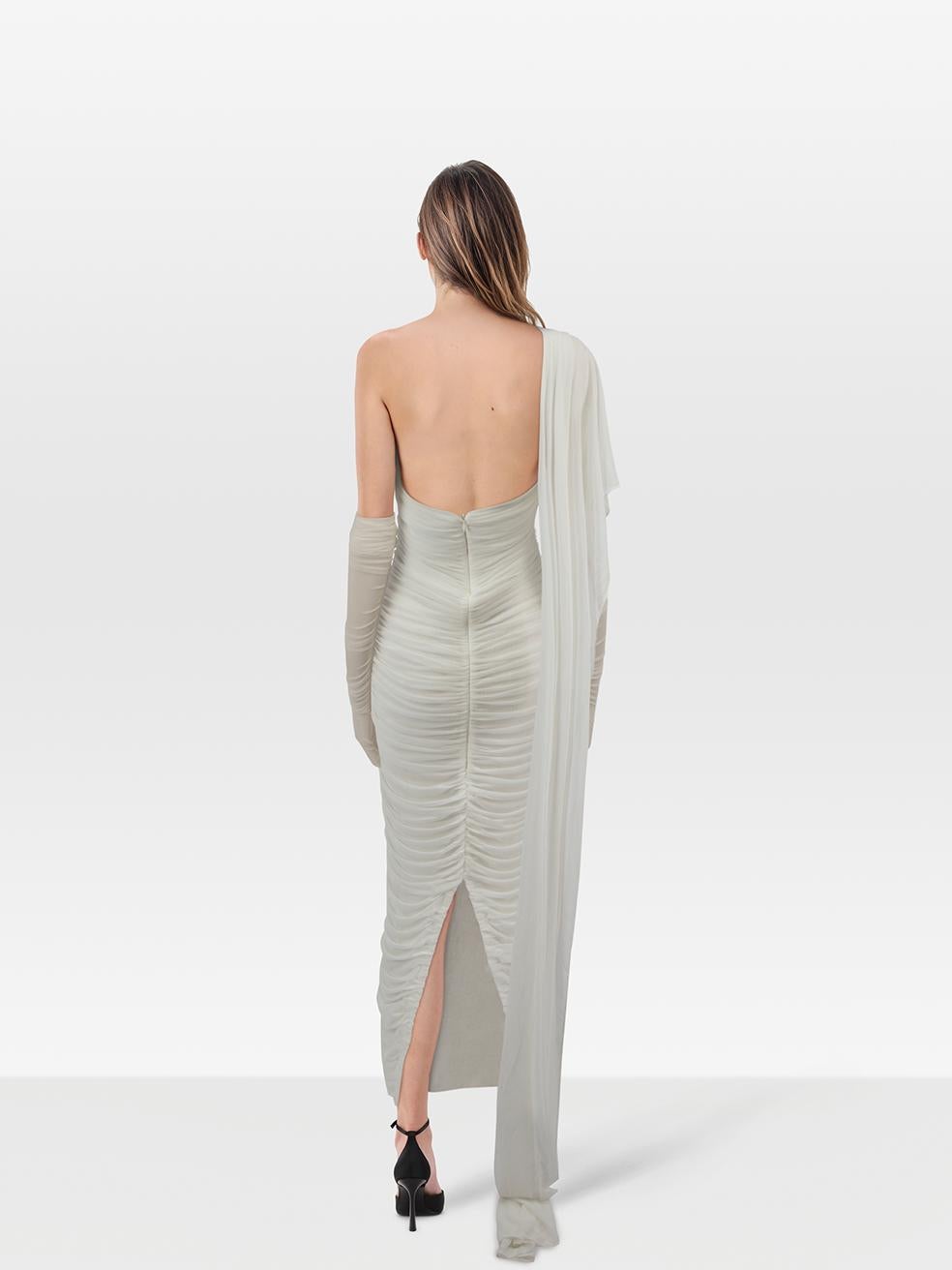 CONDITION is Very Good. Hardly any visible wear to dress is evident on this used Nana Jacqueline designer resale item. Comes with gloves.
 
 Details
 
 
 White¬†
 
 Polyester
 
 Dress
 
 Midi
 
 Body hugging
 
 Ruched
 
 Bustier detail
 
 Neck wrap