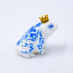 "Delft Frog 2" - Hand-Painted Resin Sculpture with Gold Crown, 2025