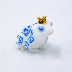 "Delft Frog 2" - Hand-Painted Resin Sculpture with Gold Crown, 2025