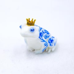 "Delft Frog 4" - Hand-Painted Resin Sculpture with Gold Accents, 2025
