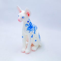 "Porcelain Pattern Sphynx 2" - Hand-Painted Resin Cat Sculpture, 2024