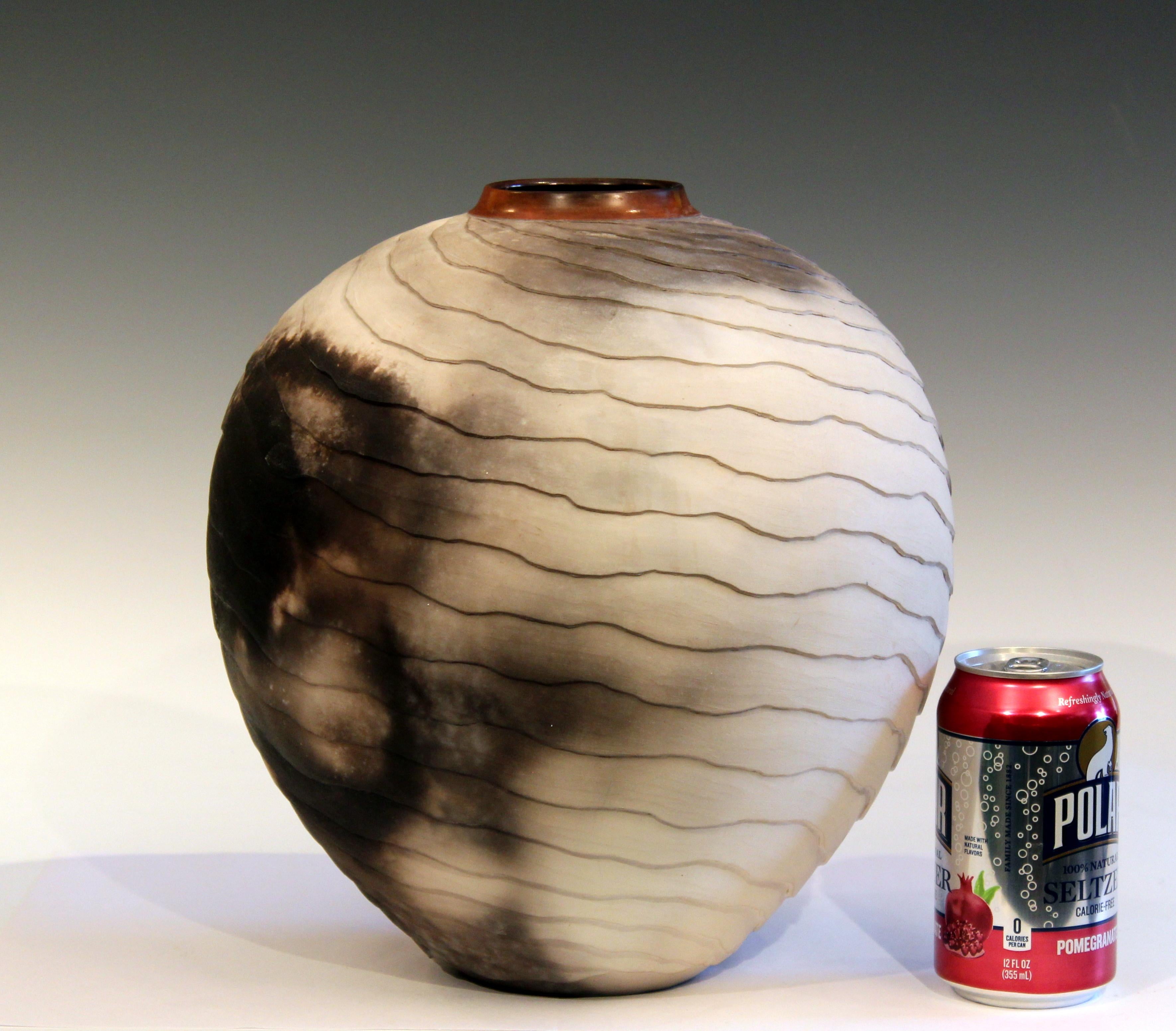 Nancee Meeker Studio Pottery Large Raku Pit Fired Organic Ledges Vase Signed 4
