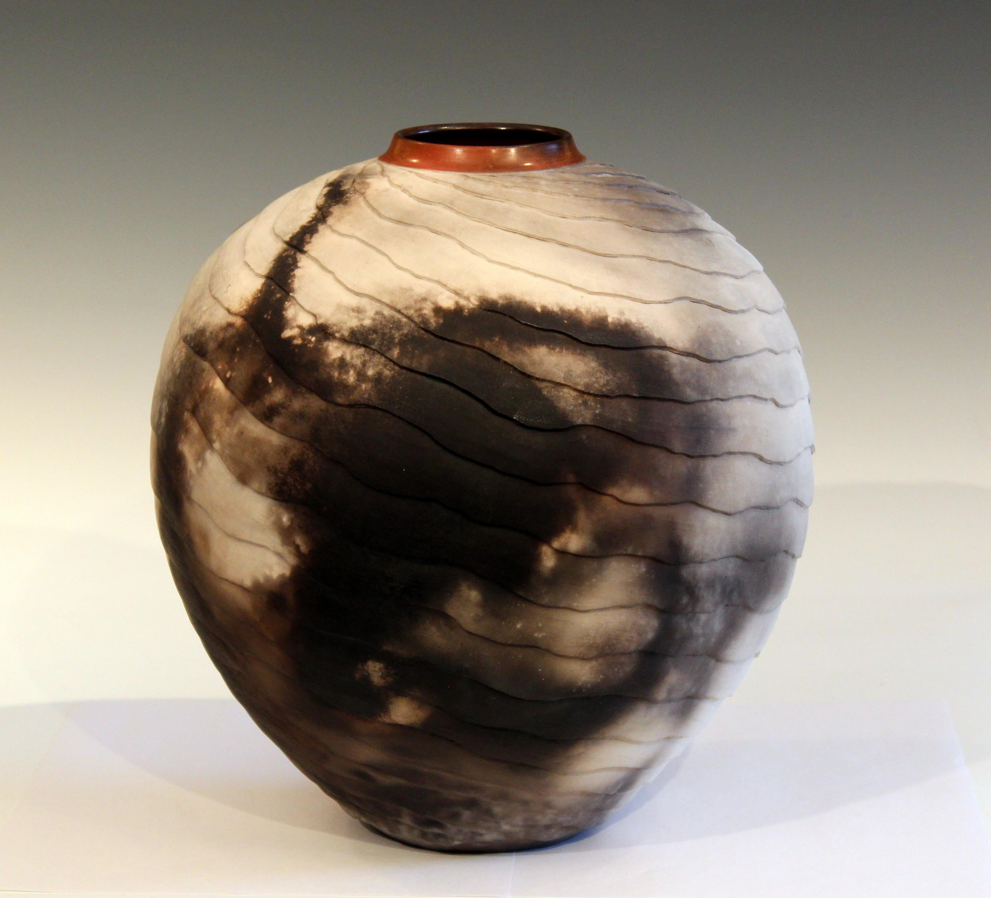 Organic Modern Nancee Meeker Studio Pottery Large Raku Pit Fired Organic Ledges Vase Signed