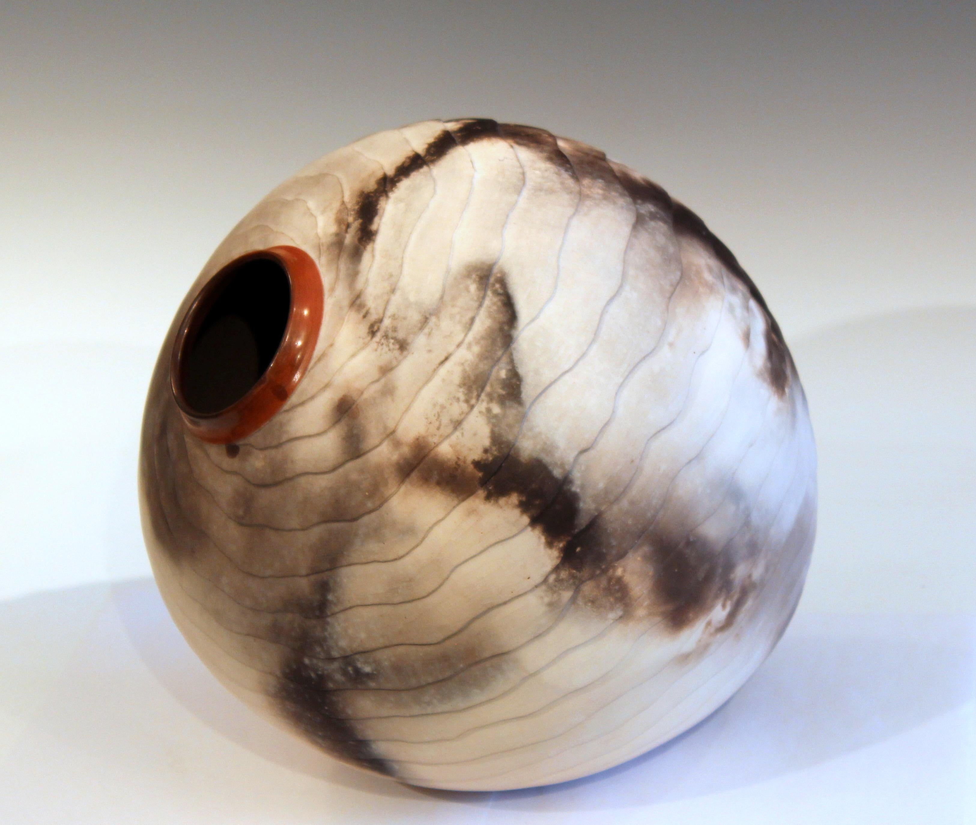 Turned Nancee Meeker Studio Pottery Large Raku Pit Fired Organic Ledges Vase Signed